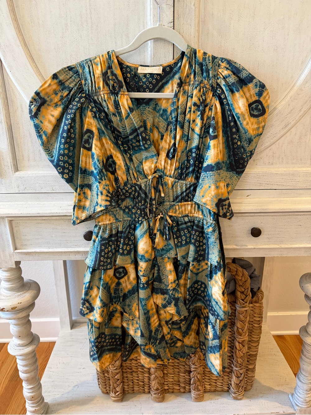 Ulla Johnson Teal and Mustard Patterned Silk Top